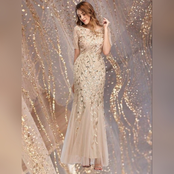 XUCTHHC Gold & Champagne Leaf Sequin Godet Gown - Picture 1 of 14